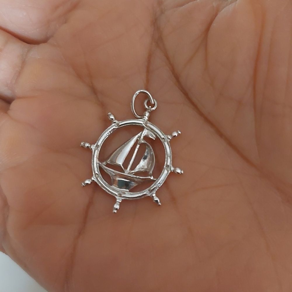 Sterling Silver Sailboat Sail Ship in Wheel Pendant Dainty